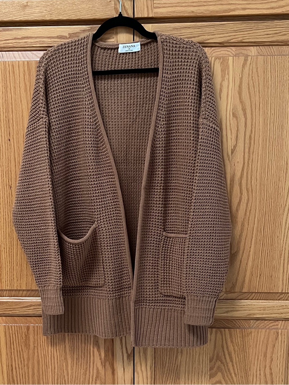 Zenana Outfitters Brown Waffle Knit Open-Front Cardigan W/Pockets, GUC, Size 1X